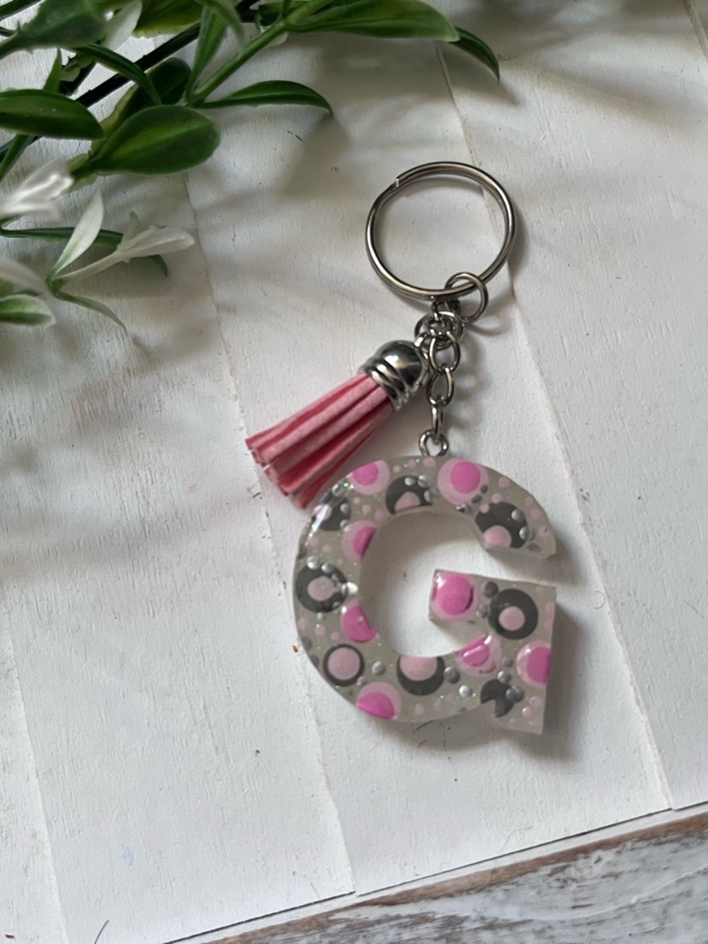 New Letter G Keychain with Pink Tassel